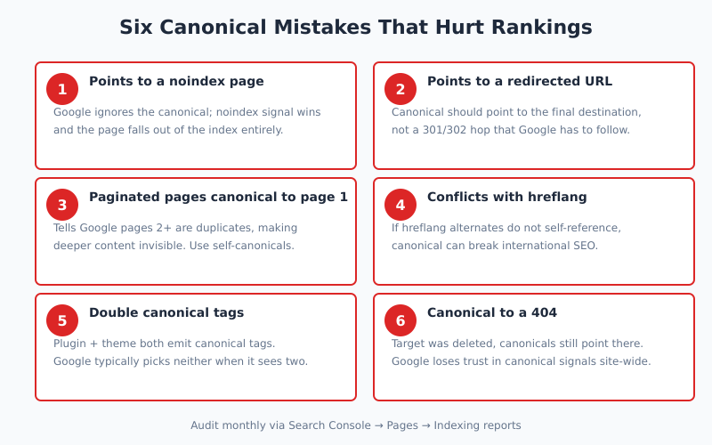 Six common canonical URL mistakes including pointing to noindex redirected or 404 pages