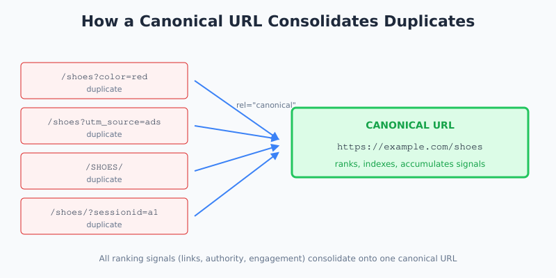 Canonical URL diagram showing duplicate URLs consolidating into one canonical version