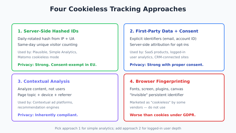 Four cookieless tracking approaches: server-side hashing, first-party data, contextual analysis, and fingerprinting to avoid