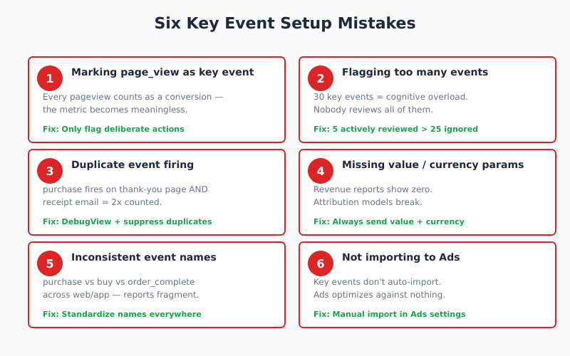 Six key event setup mistakes including page_view flagging duplicate firing and missing purchase parameters