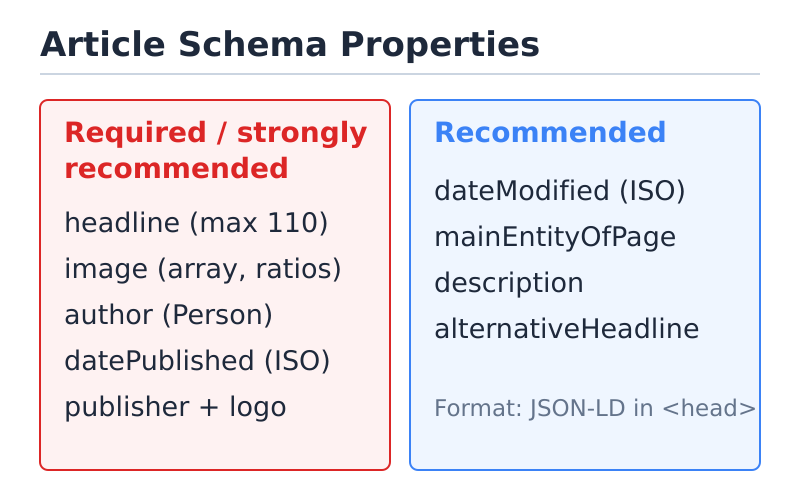 Diagram of required and recommended Article schema properties: headline, image, author, datePublished, publisher
